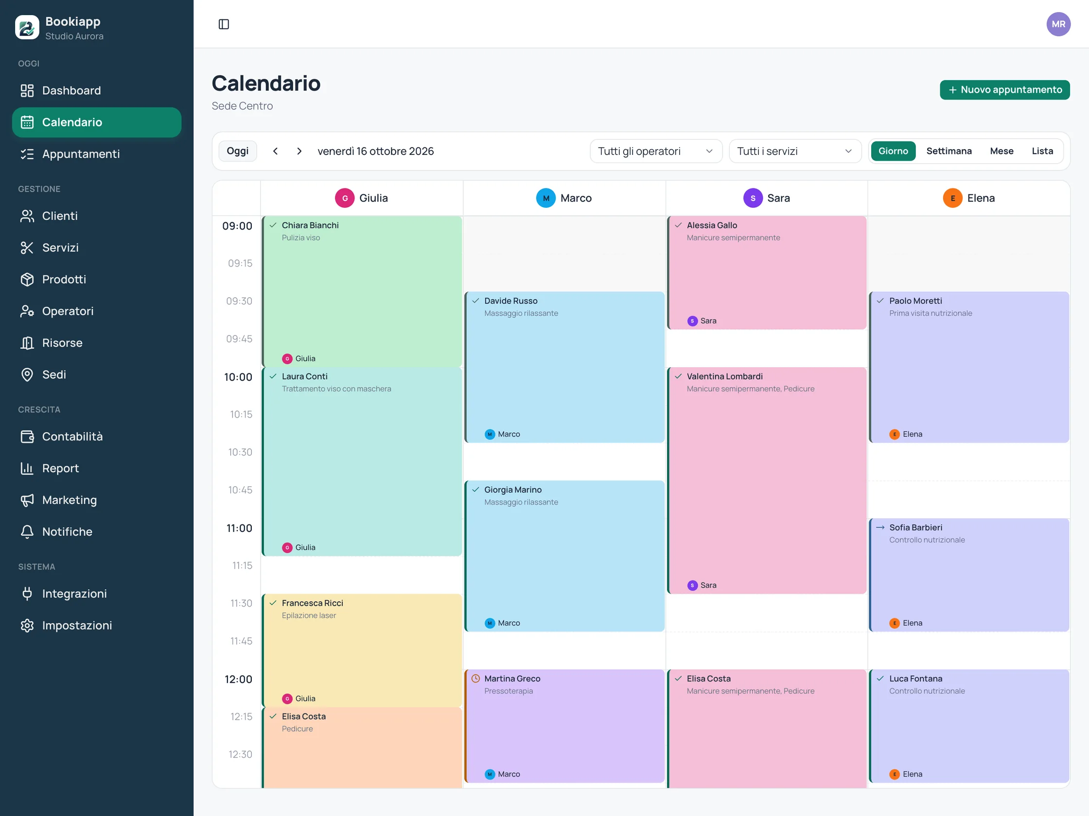 Il calendario di Bookiapp nella vista Giorno: una colonna per ogni operatore, gli appuntamenti colorati per servizio e lo stato di ciascuno