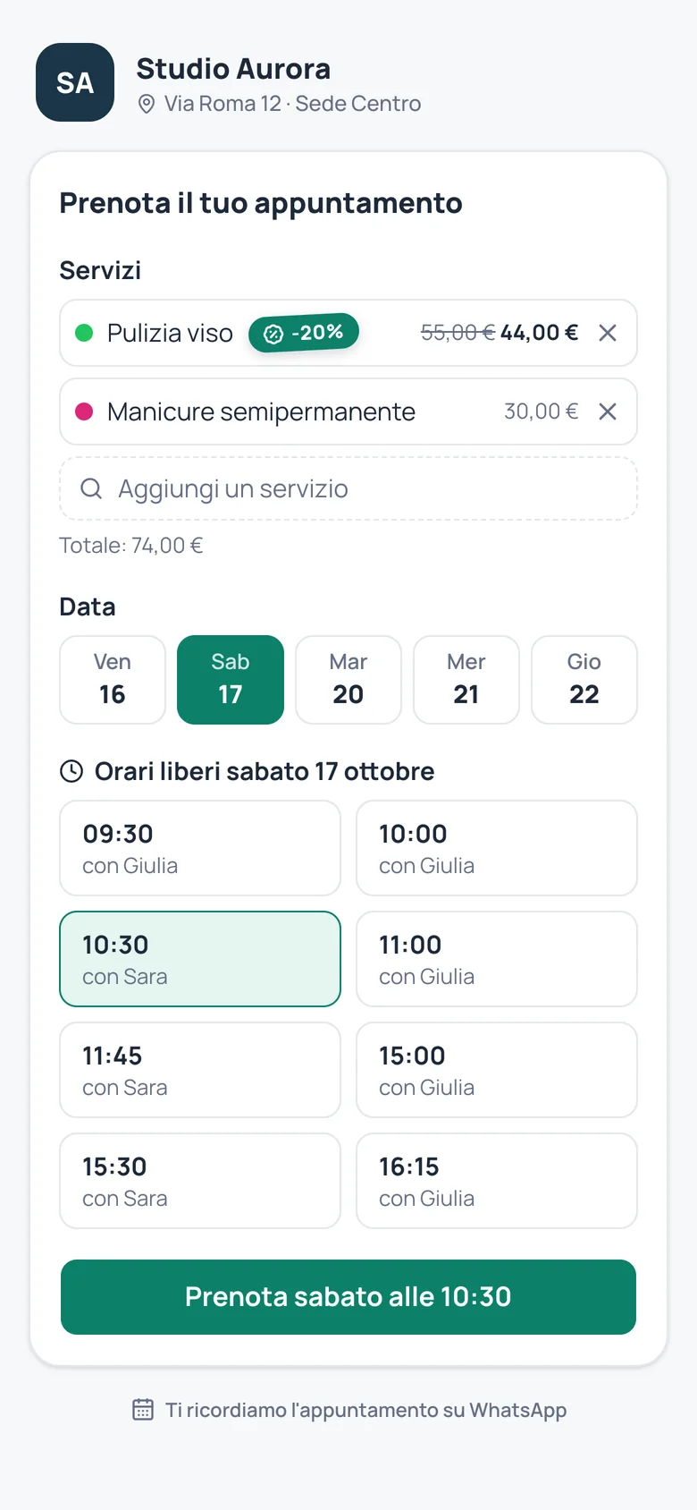 La pagina di prenotazione vista dal telefono di un cliente: servizi scelti con il prezzo in promozione, il giorno e gli orari liberi con l'operatore